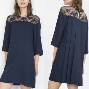 ZARA Guipure Navy Blue Lace Combined Pleated Back Mini Dress Size XS